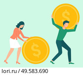 Man and woman attracting and accumulating capital, couple carrying big golden money, savings and investment concept. Vector cartoon people and gold coins. Man and Woman Attracting and Accumulating Capital. Стоковая иллюстрация, агентство Ingram Publishing / Фотобанк Лори