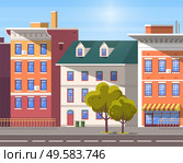 City street vector, empty town with old houses and buildings with fancy rooftops. Urban area residential constructions, skyscrapers and tree decor. Cityscape with houses facades. Flat cartoon. Cityscape with Empty Street and Green Tree Plant. Стоковая иллюстрация, агентство Ingram Publishing / Фотобанк Лори