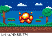 Explosive bomb on pixel game scene vector, night background area for arcade. Trees and clouds soil and layers of grounds with grass, summer style. Pixel Game Scene with Danger, Explosive Substance. Стоковая иллюстрация, агентство Ingram Publishing / Фотобанк Лори