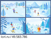 Winter activities of characters spending weekends outdoors. Man and woman competing in ski race. Couple walking in forest. Kid pulling sleds in park. Figure skating children in woods, vector. Skiing and Figure Skating, Winter Sports Activity. Стоковая иллюстрация, агентство Ingram Publishing / Фотобанк Лори