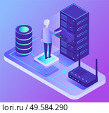 Data storage in datacenter vector, isolated personage with blocks and modem. Isometric 3d style of modern technologies and innovative hosting servers. System for programming and research analysis. Datacenter System, Person Working with Information. Стоковая иллюстрация, агентство Ingram Publishing / Фотобанк Лори
