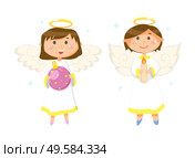 Girl holding glossy ball with stars, boy with candle, flying angels with wings and nimbus, smiling couple of little people in white clothes vector. Flying Angles Holding Ball and Candle, Kids Vector. Стоковая иллюстрация, агентство Ingram Publishing / Фотобанк Лори