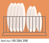 Plates dryer, isolated icon in closeup. Kitchen interior design, modern decor for home or cafe. Shelf made of metal, mounted to wall. Display of kitchenware, storage of saucers. Vector in flat style. Plates Placed on Metallic Shelf Mounted to Wall. Стоковая иллюстрация, агентство Ingram Publishing / Фотобанк Лори