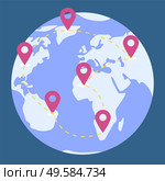 Round icon of earth, blue map. Red pointers, geographical landmarks on all continents, europe and africa, asia and america. Dashed lines to indicate path to travel. Vector illustration in flat style. World Map of Earth Planet, Path for Traveling. Стоковая иллюстрация, агентство Ingram Publishing / Фотобанк Лори