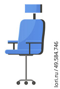 Revolving furniture with single central leg and small wheeled legs. Office stool with textile top in blue color and arms. Comfort relaxation place for sitting desk-chair isolated on white vector. Armchair with Wheels Office Sitting Place Vector. Стоковая иллюстрация, агентство Ingram Publishing / Фотобанк Лори