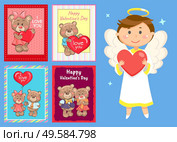 Teddy holding Valentine, postcard decorated by frame. Romantic card with furry bear, boy with wings and nimbus holding heart, greeting with love vector. Card with Teddy and Angel, Valentine Day Vector. Стоковая иллюстрация, агентство Ingram Publishing / Фотобанк Лори