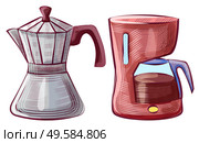 Equipment for making coffee vector, isolated icons of moka pot made of metal. Coffeemaker with glass container jar for hot beverage coffeepot brewing. Moka Pot and Coffee Making Machine Equipments. Стоковая иллюстрация, агентство Ingram Publishing / Фотобанк Лори