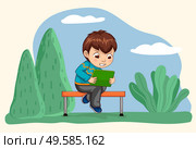 Little boy sitting on wooden bench alone in park. Guy spend leisure time playing games on electronic device. Person hold green tablet in hands. Vector illustration of schoolboy in lawn in flat style. Boy Playing Games on Gadget, Person Hold Tablet. Стоковая иллюстрация, агентство Ingram Publishing / Фотобанк Лори