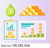 Bullion and money set, rising chart of finance, currency report, golden bricks, moneybag and dollar decoration, progress of income, marketing icons vector. Finance Icon, Dollar and Coin, Bullion Vector. Стоковая иллюстрация, агентство Ingram Publishing / Фотобанк Лори