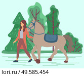 Woman lead domestic animal in forest or lawn. Horse owner hold bridle in hand. Strong stallion with saddle and curb. Village or countryside nature with green trees. Vector illustration in flat style. Woman Lead Horse, Stallion with Saddle and Curb. Стоковая иллюстрация, агентство Ingram Publishing / Фотобанк Лори