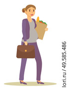Future mom returning from work carrying products bought at groceries store. Pregnant businesswoman with briefcase and food in package. Isolated awaiting mother with suitcase, vector in flat style. Pregnant Businesswoman Returning Home from Shop. Стоковая иллюстрация, агентство Ingram Publishing / Фотобанк Лори