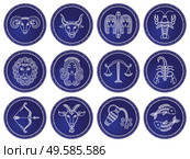 Twelve astrological signs. Icons of aquarius and gemini, virgo and scorpio, cancer and taurus, aries and libra, leo and pisces, capricort and sagittarius. Vector illustration of zodiacs in flat style. Twelve Astrological Signs, Isolated Icon of Zodiac. Стоковая иллюстрация, агентство Ingram Publishing / Фотобанк Лори