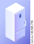 Refrigerator white kitchen appliance with handle symbol. Front and 3d view of fridge electronic machine with timer icon. Closed icebox modern equipment for cool food isolated on blue vector, isometric. Fridge Kitchen Appliance Electronic Icebox Vector. Стоковая иллюстрация, агентство Ingram Publishing / Фотобанк Лори
