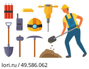 Collection of instruments and objects used by miner working in mining industry. Dynamite and shovel, hammer and pickaxe. Helmet with flashlight and drill or borehole. Isolated tools set vector in flat. Miner and Mining Industry Equipments Kit Vector. Стоковая иллюстрация, агентство Ingram Publishing / Фотобанк Лори