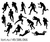 Set of team sports silhouette characters. Collection of american football players. Athletes running, falling down and rolling ball. Isolated sportsmen playing traditional game of usa. Vector in flat. American Football Players Silhouette Gridiron Set. Стоковая иллюстрация, агентство Ingram Publishing / Фотобанк Лори