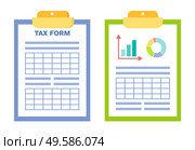 Information with stats vector, clipboard with infographics and pie diagram with colored segments, table with data, set of papers document banking system. Tax Form and Infographics Stats on Clipboard Set. Стоковая иллюстрация, агентство Ingram Publishing / Фотобанк Лори