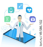 Medical program with doctor support in smartphone. Innovation technology with medical app and doc consultation online. Web clinic diagnosing disease in phone wireless device with icons vector. Medical program with Doctor in Smartphone Vector. Стоковая иллюстрация, агентство Ingram Publishing / Фотобанк Лори