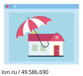 House architecture symbol under opened parasol webpage. Medical insurance element dwelling object and colorful parasol accessory isolated on blue web icon. Home construction and shelter vector. Dwelling under Opened Umbrella Insurance Vector. Стоковая иллюстрация, агентство Ingram Publishing / Фотобанк Лори