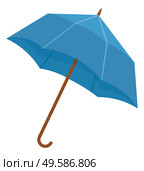 Blue umbrella or parasol isolated on white background. Folding canopy supported by metal ribs mounted on wooden pole. Equipment to protect person against rain or sunlight. Vector illustration in flat. Blue Umbrella or Parasol To Protect From Rain. Стоковая иллюстрация, агентство Ingram Publishing / Фотобанк Лори