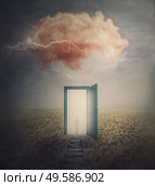 Surreal scene, teleportation concept, time and space traveling through a open door on a mystic land. Magic cloud in the sky, mysterious lightnings and a wanderer person silhouette in the mist. Стоковое фото, агентство Ingram Publishing / Фотобанк Лори