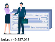 Businessman and businesswoman doing handshaking about deal. Man and woman stand near paychecks. Meeting for agreement about business. Payment using bank payroll. Vector illustration in flat style. Man and Woman on Business Meeting, Bank Paycheck. Стоковая иллюстрация, агентство Ingram Publishing / Фотобанк Лори