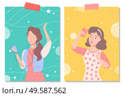 Woman holding phone listening woman vector, female characters with smartphones taking selfie. Lady posing for photo, bokeh background with glowing and shining. Female Characters with Phones, Posing Woman Set. Стоковая иллюстрация, агентство Ingram Publishing / Фотобанк Лори