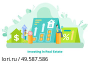Investing in real estate, man and woman selling, percent and rising arrow icons, savings for buying house, mortgage and construction, invest vector. Money and Percent, Invest in Residential Vector. Стоковая иллюстрация, агентство Ingram Publishing / Фотобанк Лори