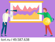 Two people standing near statistics chart and looking on it. Man with light bulb in hand. Business tools for innovations and cooperation. Vector illustration flat style. People Standing near Data Analysis on Board. Стоковая иллюстрация, агентство Ingram Publishing / Фотобанк Лори