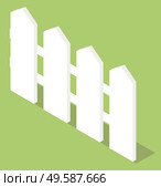 Simple white picket fence on green background or grass. Protection for countryside house. Palisade or paling, enclosure concept 3D vector illustration. White Picket Fence on Green Background Vector. Стоковая иллюстрация, агентство Ingram Publishing / Фотобанк Лори