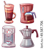 Caffeine beverage served in glass with straw vector, isolated machine for making coffee. Coffeemaker and moka pot italian devise for drink brewing. Moka Pot and Coffee Making Machine Latte Glass. Стоковая иллюстрация, агентство Ingram Publishing / Фотобанк Лори