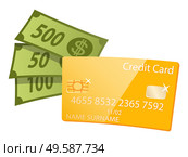 Golden credit card with numbers vector, isolated money financial assets. Flat style dollar banknotes 500, 50 and 10 bucks. American currency paying. Money Dollars in Cash, Plastic Credit Card Icon. Стоковая иллюстрация, агентство Ingram Publishing / Фотобанк Лори