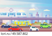 Cityscape vector, streets filled with cars and public transport, train on bridge. Skyscrapers and clouds, bushes and greenery by roads. Bus and vehicles. Cityscape with Transport Cars and Train Urban City. Стоковая иллюстрация, агентство Ingram Publishing / Фотобанк Лори