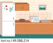 Kitchen room interior with home appliances and furniture. Refrigerator and tables, microwave oven and sink. Decoration on wall, decorative picture in frame. Pan on desk, vector in flat style. Kitchen Interior with Fridge and Microwave Oven. Стоковая иллюстрация, агентство Ingram Publishing / Фотобанк Лори