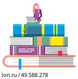 Online library, student reading through laptop on books stack, knowledge concept vector. Literature or textbooks, encyclopedias pile, studying material. Internet portal, web education illustration. Books Pile and Student on Top with Laptop Icon. Стоковая иллюстрация, агентство Ingram Publishing / Фотобанк Лори
