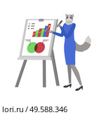 Presentation vector, hipster animal cat teaching how to analyze and understand charts, mentoring and business school seminar, workshop board flat style. Hipster Animal Cat Giving Presentation on Board. Стоковая иллюстрация, агентство Ingram Publishing / Фотобанк Лори