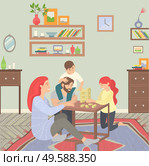 Happy family of parents and children at home on floor playing games. They sitting on carpet and play jenga. Happiness and cosiness. Mother and father, son and daughter. Vector illustration flat style. Happy Family, Parents and Children Play at Home. Стоковая иллюстрация, агентство Ingram Publishing / Фотобанк Лори