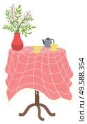 Table in kitchen with stuff for drinking tea or coffee. Tablecloth checkered and vase on it red with blossom flowers. Blue kettle and two yellow cups. Vector illustration in flat style. Table in Kitchen with Stuff, Kettle and Teacups. Стоковая иллюстрация, агентство Ingram Publishing / Фотобанк Лори