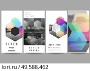 Vector layout of flyer, banner design templates with colorful hexagons, geometric shapes, tech background for website advertising design, vertical flyer design, website decoration backgrounds. Vector layout of flyer, banner design templates with colorful hexagons, geometric shapes, tech background for website advertising design, vertical flyer design, website decoration backgrounds. Стоковая иллюстрация, агентство Ingram Publishing / Фотобанк Лори