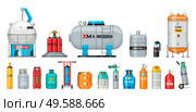 Set of vector gas cylinder. Cylindrical container with liquefied compressed gases with high pressure and valves isolated. Lpg gas-bottle and gas-cylinder. Safety fuel tank of helium butane acetylene. Set of vector gas cylinder. Safety fuel tank of helium butane acetylene. Стоковая иллюстрация, агентство Ingram Publishing / Фотобанк Лори