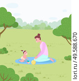 Family in park, mother and baby on rug, newborn and woman vector. Child and toys, mommy playing with kid, childhood care and love, nature and meadow. Mother and Baby Girl on Rug with Toys in Park. Стоковая иллюстрация, агентство Ingram Publishing / Фотобанк Лори