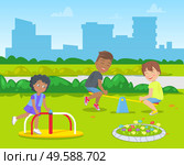 Smiling girl and boy playing on school playground, urban place with skyscraper view. Happy pupils on carousel and swing, classmates outdoor vector. Classmates on Swing, Pupils Recreation Vector. Стоковая иллюстрация, агентство Ingram Publishing / Фотобанк Лори