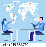 People working with international partners worldwide vector, man and woman pointing on world map. Employee with laptop, boss and secretary helper. International Business partners of Organizations. Стоковая иллюстрация, агентство Ingram Publishing / Фотобанк Лори