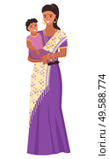 Smiling indian woman wearing jewelry and sari holding little girl. Mother hugging daughter, female in purple national costume, bangles and necklace vector. Indian Mother in Sari with Daughter, India Vector. Стоковая иллюстрация, агентство Ingram Publishing / Фотобанк Лори