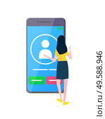 Woman using phone tapping screen vector, lady with smartphone and monitor showing user profile and buttons of rejection and accept isolated flat style. Mobile Phone with Incoming Call and User Woman. Стоковая иллюстрация, агентство Ingram Publishing / Фотобанк Лори