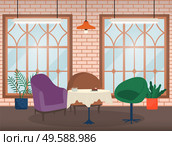 Three armchairs and table with tablecloth, furnishing. Place for relax and lunch in cafeteria, homelike interior. Restaurant with big windows with view on city. Vector illustration in flat style. Armchairs and Table in Restaurant, Cafe Interior. Стоковая иллюстрация, агентство Ingram Publishing / Фотобанк Лори