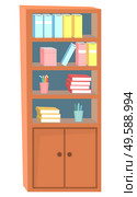 Bookshelf with many books and stationery. Bookcase made of brown wood or mahogany. Wooden furniture for classroom or home cabinet vector illustration. Wooden Bookshelf with Books, Pens and Pencils. Стоковая иллюстрация, агентство Ingram Publishing / Фотобанк Лори