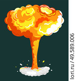 Explosion cartoon bomb in yellow color. Creative idea with danger motion smog on dark background icon. Bomb dynamite detonator game animation. Splash of fire with chemical cloud on top vector. Bonfire Dynamite Game Animation Element Vector. Стоковая иллюстрация, агентство Ingram Publishing / Фотобанк Лори