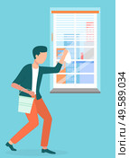 Male character with bucket and white wet rag washing windows on blue background . Cleaning service worker, city street, house. Flat design vector illustration. Man with Bucket and Rag Washing Windows Vector. Стоковая иллюстрация, агентство Ingram Publishing / Фотобанк Лори