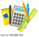 Calculating device vector, isolated notebook and pencil with pen. Mathematics lesson, eraser and textbook, pad for writing solutions on lessons set. Back to school concept. Flat cartoon. Calculator and Notebook with Pencil and Pen Set. Стоковая иллюстрация, агентство Ingram Publishing / Фотобанк Лори