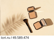 Minimal modern cosmetic scene with make up brushe, bronzer and palm shadow overlay. make up brushes. Стоковое фото, агентство Ingram Publishing / Фотобанк Лори